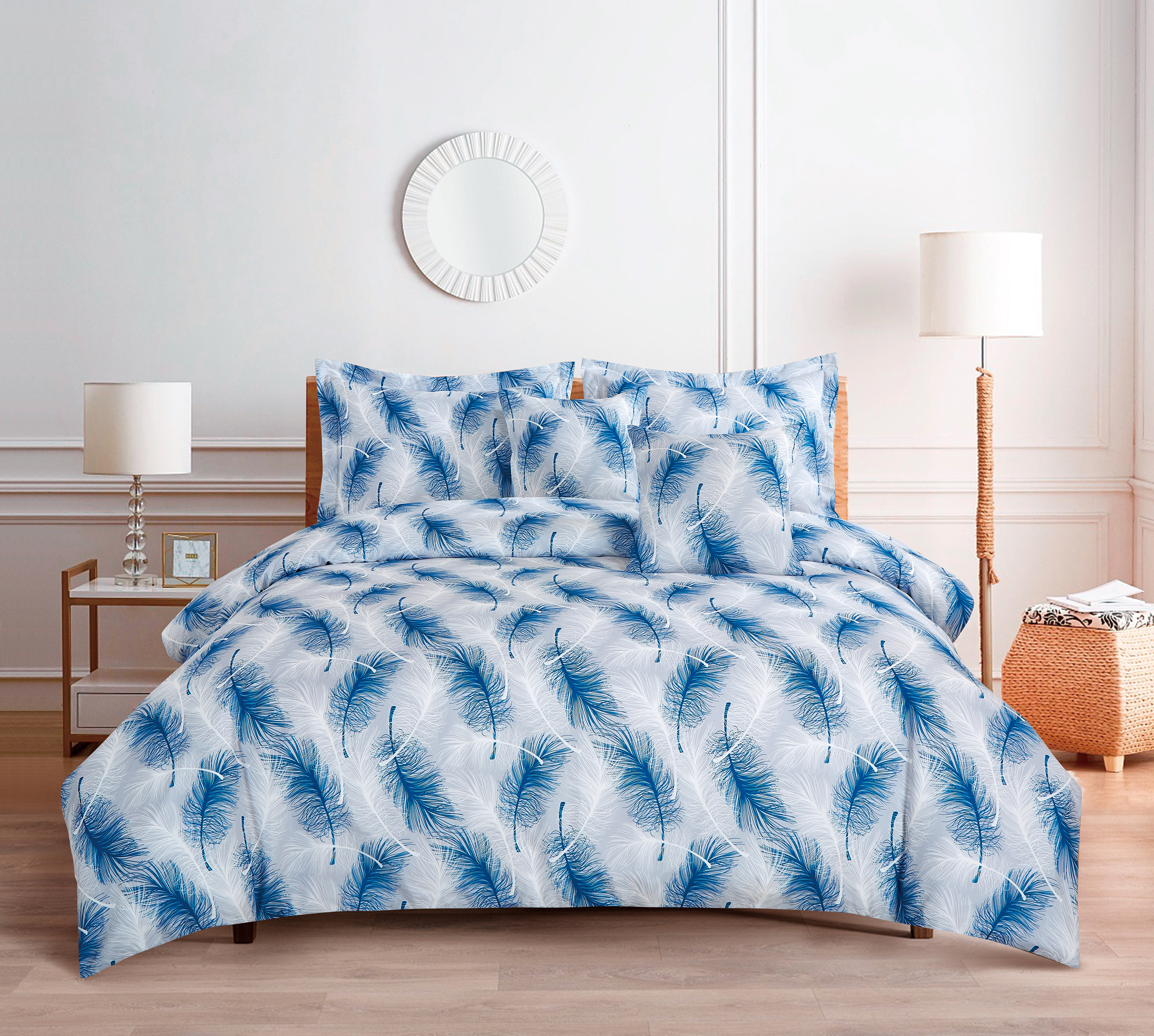 The Blue And White Feather Printed Bed Kit